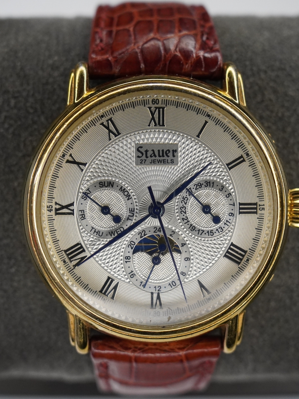 Stauer 13452 Automatic 27 Jewels Day Date 24-Hour Gold Tone Silver Dial
